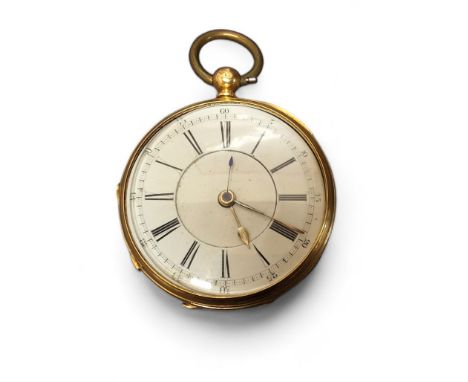 An 18ct gold Victorian open faced pocket watch, unsigned fusee movement, no.83417, twin holes, white enamel dial, Roman numer