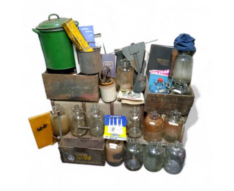 Salvage - Fourteen glass Demi John's; enamel flour bin and cover; woodworking tools; engineering books; advertising crate, et