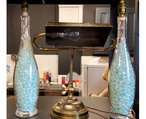 A brass office banker's light, 38cm high;&nbsp; two Ardan Design glass side lights 