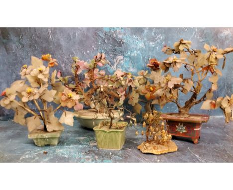A Japanese hardstone bonsai tree, cloisonne planter;&nbsp; others&nbsp; (6) 