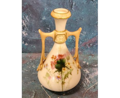 A Royal Worcester two handled vases, printed and painted with thistles, on a blush ivory ground, 15.5cm high, printed mark, d