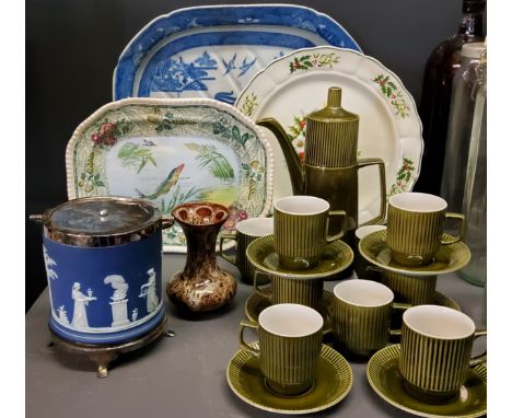 A large Staffordshire Willow pattern meat plate, with well, 48cm wide, c.1880;&nbsp; a Copeland Spode serving plate, printed 