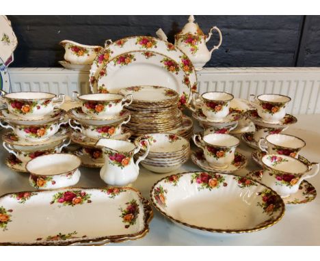 A Royal Albert Old Country Roses dinner and tea service, for six, comprising teapot, cream jug and sugar bowl, seven teacups 