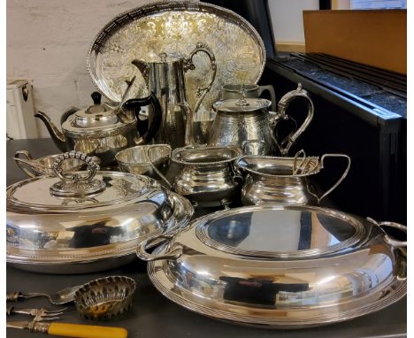Plated Ware - E.P.N.S. oval tureen and cover;&nbsp; another;&nbsp; three piece tea service;&nbsp; oval gallery tray;&nbsp; et
