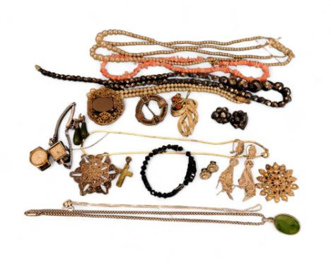A 9ct gold flat link necklace, 2.71g; a silver mounted spinach jade pendant, white metal necklace; a pair of silver &amp; spi