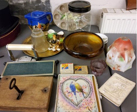 A 19th century steel door key and lock;&nbsp; &nbsp;a 1930's bakelike and chrome toilet roll holder;&nbsp; smoked glass bowl,