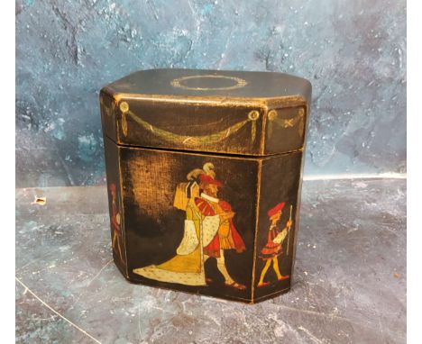 A tea caddy, the sides with decorated in colours, with Henry VIII with his wife and attendants, on an ebonised ground, 12cm h