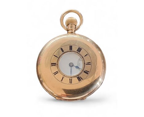 A 9ct gold half hunter keyless pocket watch, unsigned Swiss movement, white enamel dial, Roman numerals, sunk subsidiary seco