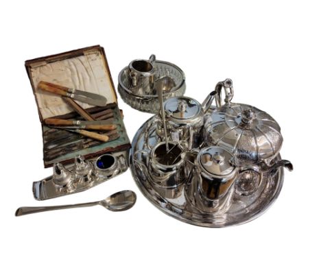 Plated Ware - a melon shaped teapot,&nbsp; &nbsp;hotel tea ware;&nbsp; tray;&nbsp; etc 