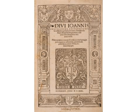 Chrysostomus (Johannes, Saint) In totum Genesaeos librum Homiliae, title within woodcut historiated architectural border, pri