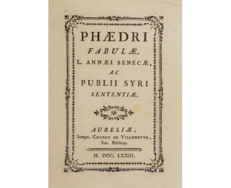 Phaedrus. Fabulae..., printed in very small type, half-title, all leaves within ornamental frame, wide margins, half-title an