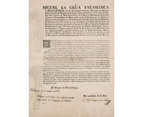 New Spain.- Trade broadside.- Talamanca (Miguel de la Grúa, Marquess of Branciforte) [Ordering the reduction in trade tariffs