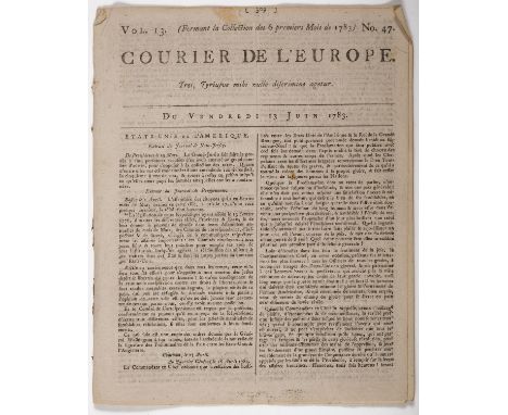 NO RESERVE American War of Independence.- Courier l'Europe, vol.13 no.47, 8pp., printed in double-column, cropped slightly af