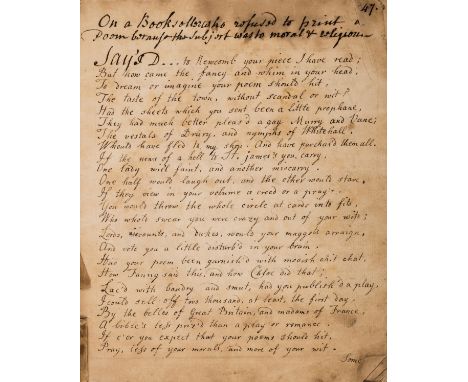 18 century commonplace book.- Lardner (Betty) Commonplace book of poems, songs and sermons, manuscript, 48pp. only (pp. 47-94