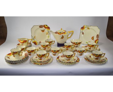 Crown Ducal - Art Deco Hand Painted 1930's ( 41 ) Piece Tea-Service ' Rodanthe ' Pattern. Comprises 12 Trios, Teapot, 2 Sandw