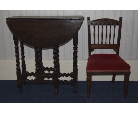 Small Gate Leg Table With Twisted LegsTogether with a childs chair with red upholstered seat and spindle back. 