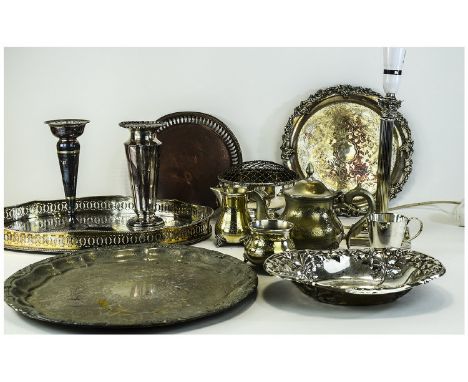 Large Quantity Of Silver Planted Items To Include Silver Plate Trays, Including Corinthian Lamp etc. 