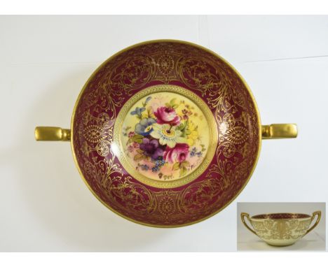 Royal Worcester Hand Painted Twin Handled Bowl ' Floral ' Stillife to Centre of Bowl, Surrounded by Raised Gold Enamel. Signe