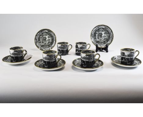 Spode Set of Six Demitasse Cups and Saucers, Black and White Italian Design From 1816, Gold Trim. All Pieces are In Excellent