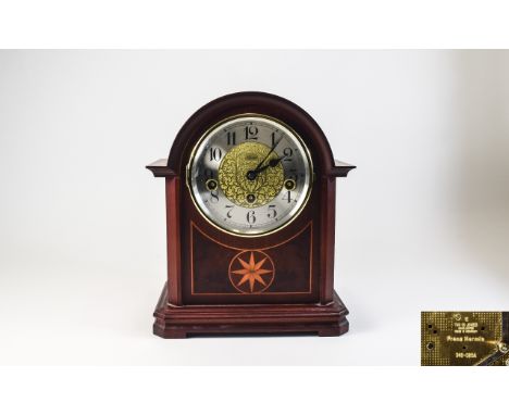 Franz Hermle Mahogany Cased and Inlaid Mantel Clock, 2 Jewels, Unadjusted. No 340 020A, 8 Day Chiming and Striking Movement, 