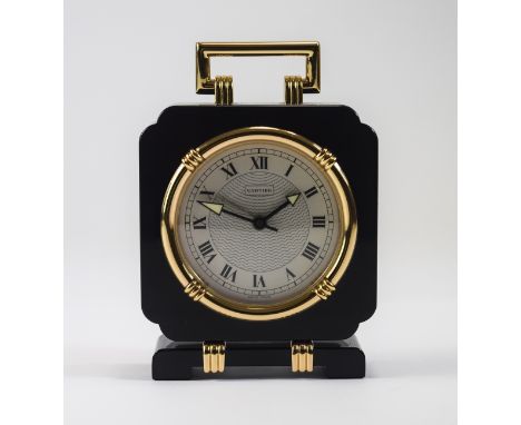 Cartier Black Lacquer and Gilt Square Desk Clock with Alarm. c.1990. Cream Dial with Patterned Centre Field. Serial Number 90