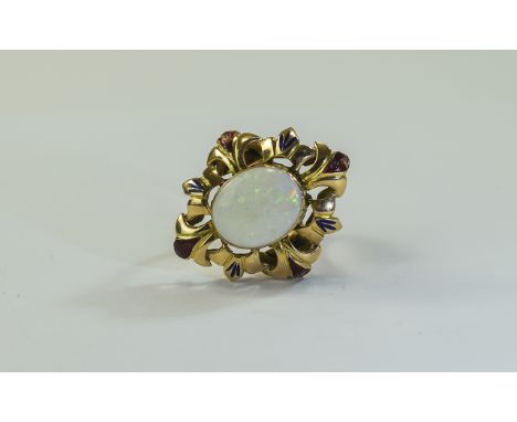 Ladies 14ct Gold Set Single Stone Opal Ring. Marked 14ct. Pale Opal with Some Areas of Fire. 8.1 grams. 