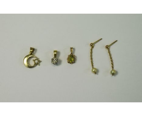 A Collection of 18ct Gold Stone Set Jewellery ( 4 ) Pieces Comprises. 1/ 18ct Gold Single Stone Diamond Drop, Est Diamond Wei