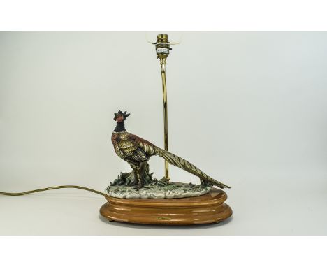 Capodimonte Signed Figural Table Lamp - Pheasant Bird Figure. Signed Giuseppe Armani. Raised on a Delux Stepped Wooden Base. 