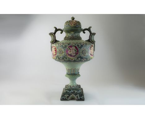 German 19th Century Ceramic Impressive Hand Decorated Twin Handle Large Lidded Vase, with Applied Decoration and Enamel Work.