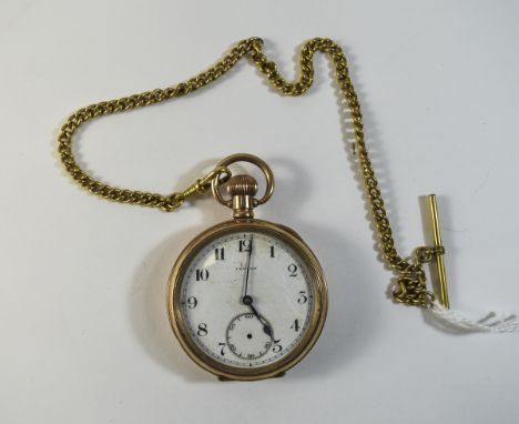 Trojan 18ct Gold Plated Open Faced Pocket Watch with Attached Gold Plated Albert Chain. The Watch Case Guaranteed to be of Tw