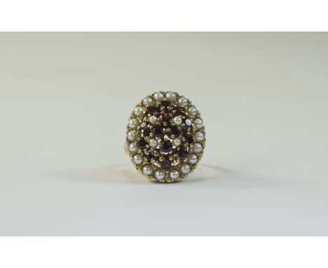 Ladies - Nice Quality Vintage and Impressive Pearl and Garnet Set Cluster Ring. Fully Hallmarked and Excellent Condition. 