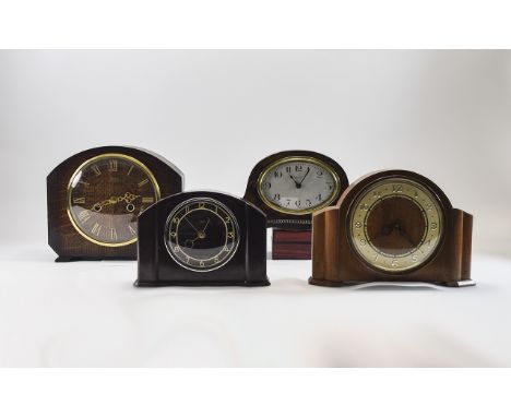 A Collection of 1920's and 1930's Wood Cased and Bakelite Mantel Clocks ( 4 ) In Total, With 8 Day Striking Movements, Variou