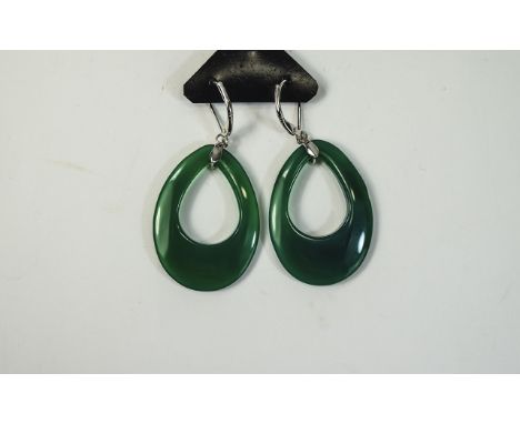 Green Agate Long Pear Drop Earrings, smoothly polished green agate, open centre, pear cut hoops suspended from silver lever b