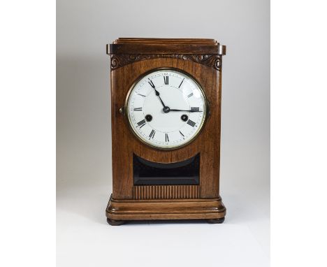 American Late 19th Century Attractive Wood Cased Mantel Clock with 8 Day Striking Movement, White Porcelain Dial, Black Numer