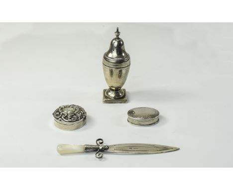 A Collection of Small Silver Items ( 4 ) Items In Total. 1/ Silver Bookmark In The Form of a Dagger, Marked Silver. 2/ Opal S