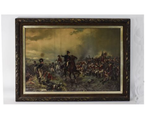 A Victorian Large and Impressive Coloured Hand Finished Lithograph of the Battle of Waterloo between the British an French tr