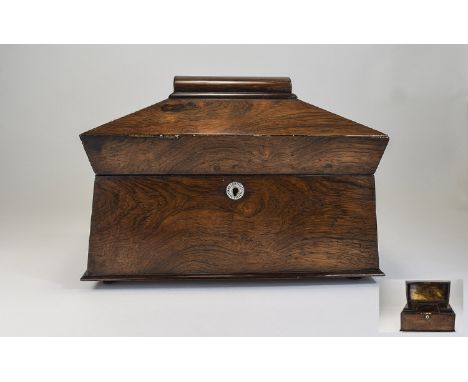 English 19th Century - Impressive Oak Cased Sarcophagus Shaped Twin Lidded Compartments Tea Caddy, Raised on 4 Ball Feet. Siz