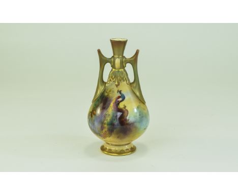 Royal Worcester Hand Painted Twin Handle Small Vase ' Peacock In a Woodland Setting ' Signed Bray. Date 1911. Height 5.25 Inc