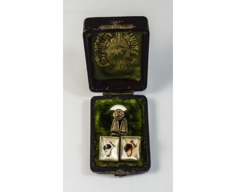 A Nice Vintage Pair of Gold Fronted - Gents Cufflinks with Dog Portraits on Pearl To Each Cuff + a Matching Stud, Comes Compl