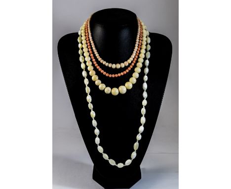 Three Various Coral Necklaces and one Mother-of-Pearl, the corals 21,17 and 16 inches long, the mother-of-pearl, 30 inches