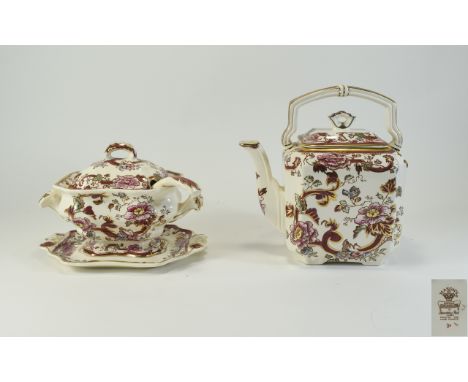 Masons - Ironstone Printed and Hand Painted Large Lidded Teapot ' Mandalay Red ' Pattern. Mint Condition. 9 Inches High + a M