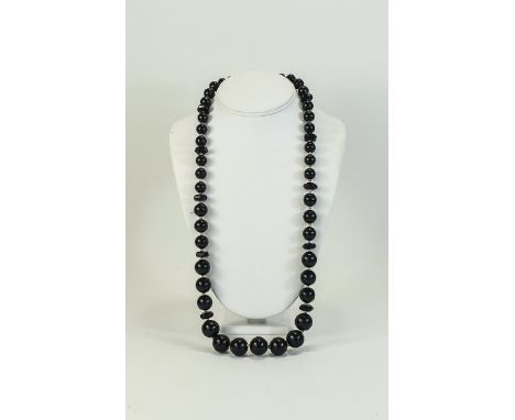 Whitby Jet Graduated Long Necklace with Pearl Coloured Spacers. A Nice Quality Antique Necklace. 30 Inches In Length. 