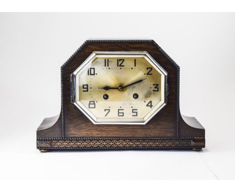 English Oak Cased Mantel Clock. c.1920's with 8 Day Striking Movement. Strikes on 1/2 and Full Hour. Nice Tone and Working Or