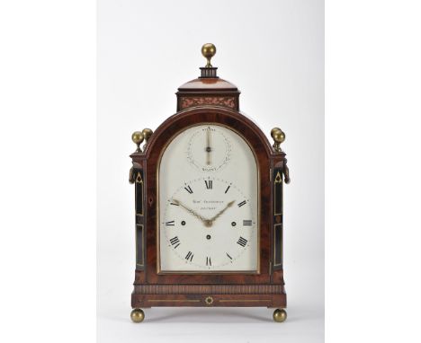 A table clock, George III (1760-1820)/George IV (1820-1830), oak and mahogany veneered case with gilt brass friezes, pierced 