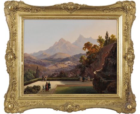 Landscape with a viewpoint, oil on canvas, European school, 19th C., minor faults on the pictorial layer, verse with manuscri