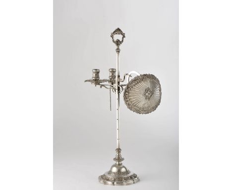 A two-candle lamp with shade, silver, relief decoration, European, 18th/19th C., signs of use, without marks, pursuant to Dec