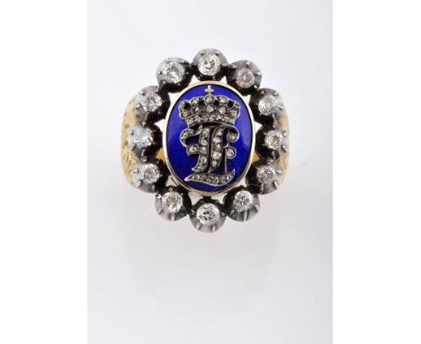 A ring with crowned monogram, gold and silver, blue enamel medallion, crowned monogram set with rose cut diamonds and 12 anti