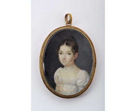 A portrait of a girl, miniature on ivory, back with braided hair, gilt frame, European school, 19th C., signs of use, cover m