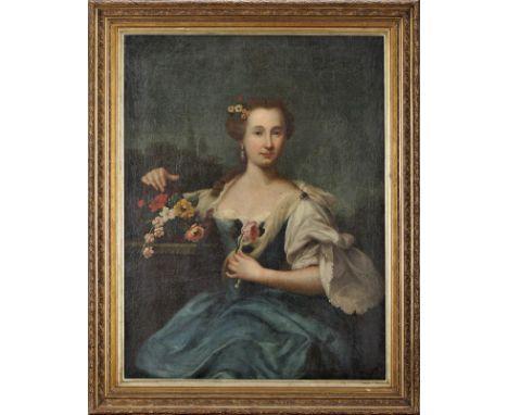 Portrait of a lady holding a rose, oil on canvas, French school, 18th C., small restorations, Dim. - 106 x 82 cm
