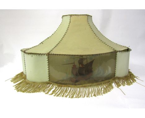 A 1930s/40's lamp shade, octagonal scalloped sections sewn together with twine displaying front and back a galleon ship from 